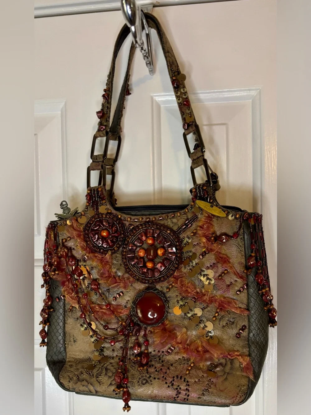 Mary Frances Brown and Red Beaded and Embellished Shoulder Bag with Gold Accents
